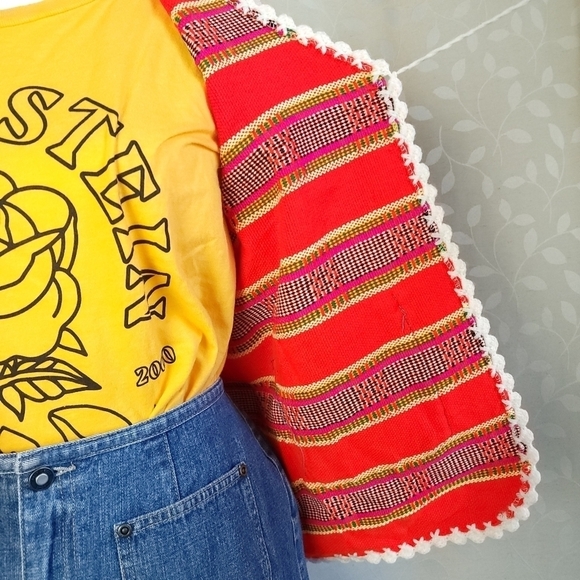 Vintage Vest Boho Southwest Handmade Crochet Trim Serape Knit Tie Front Red - Picture 8 of 16